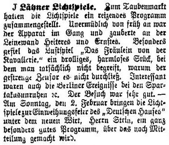 Fragment Lähner Anzeiger z opisem filmu wyświetlanego we Wleniu w 1919 roku, pt.: Das Fräulein von der Kavallerie